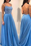 Blue A-line Spaghetti Straps Beading Backless Long Prom Dresses