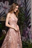 Sparkly Pink Spaghetti Straps A-line lace Prom Dresses