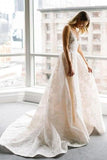 A Line Round Neck Floor Length V Neck Cheap Wedding Dress with Lace Appliques