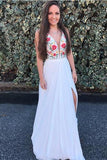 A Line V Neck White Embroidery Side Slit Chiffon Long Formal Dress, Prom Dresses uk PW215