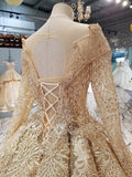 Ball Gown Gold Long Sleeves Lace Appliques Sequins Open Back Beads Quinceanera Dresses