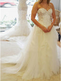 A-Line Sweetheart Strapless Lace Tulle White Sleeveless Wedding Dress with Appliques