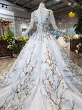 Stunning Light Blue Long Sleeve Wedding Dresses High Neck Quinceanera Dresses