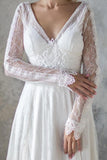 Elegant A Line V Neck Long Sleeve Ivory Lace Backless Beach Boho Wedding Dresses