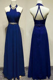 Long Elegant Sleeveless A-line Halter Blue Backless Prom Dresses