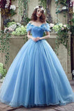 Elegant Ball Gown Off the Shoulder Blue Long Lace up Sweetheart Tulle Prom Dresses uk PW257