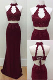 Mermaid Two Piece Burgundy Modest Long Halter Open Back Beads Prom Dresses