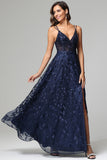 A-line Dark Navy Spaghetti Straps V-neck Lace Wedding Guest Dresses