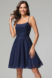 Dark Navy A-line Spaghetti Straps Chiffon Homecoming Dress with Beads