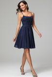 Dark Navy A-line Spaghetti Straps Chiffon Homecoming Dress with Beads