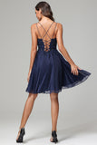 Dark Navy A-line Spaghetti Straps Chiffon Homecoming Dress with Beads