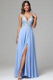 A-line V-neck Lace Appliqued Long Prom Dress with slit