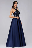 Cold Shoulder Sequin Navy Blue Prom Dresses Backless Satin Long Evening Dresses STK15132