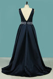 2024 V Neck A Line Satin Prom Dresses With Beaded PEJTDMBY