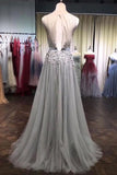 A Line Grey Tulle Beads 3D Flowers Round Neck Long Prom Dresses with Belt STK15000