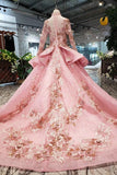 2024 New Prom Dresses Long Sleeves Ball Gown High Neck With Applique&Beads Lace PJFCBB91