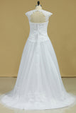 2024 Open Back A Line Tulle With Applique And Handmade Flower Wedding Dresses Court PQLHYJXS