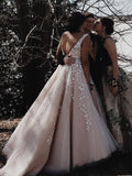 A-Line V Neck Open Back Tulle Long Prom Dresses with Applique, Backless Evening Dresses STK15054