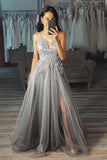 Chic Grey A Line V Neck Long Appliques Tulle Prom Dresses with Side Slit, Formal Dresses STK15131