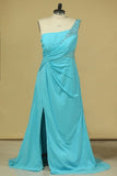 2024 Prom Dresses One Shoulder With Slit And Beads P726N911