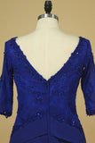 2024 Dark Royal Blue Mother Of The Bride Dresses Chiffon V Neck With 3/4 Length PQHFKK4A