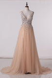 2024 New Arrival V Neck Open Back Prom Dresses A Line Tulle PGPT6388