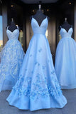 Charming Blue Spaghetti Straps V Neck Flowers Long Prom Dresses Satin Unique Formal Dresses STK15098