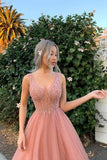 Elegant A Line Tulle Pink V Neck Beads Prom Dresses, Long Evening STK20477