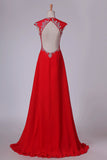 2024 Prom Dress V Neck Open Back Chiffon With Beading Sweep PGP2GET6