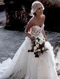 Charming Ball Gown Sweetheart Strapless 3D Flowers Tulle Off White Wedding Dresses STK15095