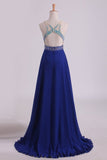 2024 Prom Dresses V Neck Beaded Bodice A Line Open Back Dark Royal Blue Chiffon PGY13NB4