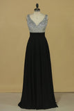 2024 V Neck Prom Dresses A Line Beaded Bodice Chiffon PMG52ZKH