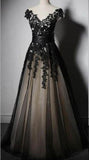 Charming Appliques Lace-up Sweetheart Short Sleeve Black Tulle Evening Dresses