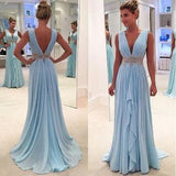 Charming A-Line Chiffon Long Backless Green Cap Sleeve V-Neck Floor-Length Prom Dresses