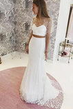 Elegant Two Pieces Lace Mermaid Short Sleeves Tulle Wedding Dresses STK15581