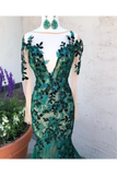 Dark Green See Through Prom Dresses With Sleeves Illusion Neck Party Dresses