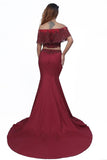 Elegant Mermaid Off the Shoulder Two Pieces Beades Burgundy Prom STK20416