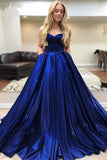 A Line Royal Blue Satin Sweetheart Strapless Prom Dresses with Pockets, Evening Dress STK15553