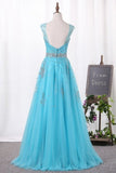 2024 V-Neck A-Line Prom Dresses Tulle With Beadings Open Back PSGHMB7M