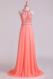 2024 Halter Prom Dresses A Line Chiffon & Tulle Sweep Train With PJ987TAJ