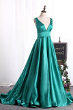 2024 A Line Evening Dresses V Neck Satin Sweep Train PRXET2GR