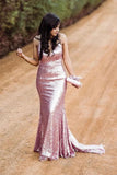 Sparkly Spaghetti Straps Rose Gold V Neck Prom Dresses with Sequins, Dance Dresses STK15537