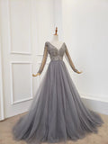 A Line Long Sleeves V Neck Gray Tulle Prom Dresses with Beading, Evening Dress STK15549