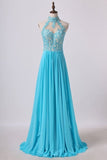 2024 High Neck A Line Prom Dresses With Applique&Beads PLCHEZX7