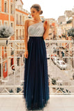 Flowy One Shoulder Navy Blue Tulle Long Prom Dresses, Cheap Formal Dresses STK15232