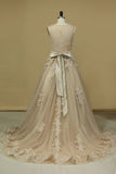 2024 Chapel Train Wedding Dresses Bateau Tulle With Applique And Sash A PKG4H3RE