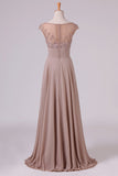 2024 Bateau A-Line Prom Dresses Chiffon Floor-Length With Beads And PCYMFYNQ