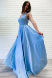 Flowy A-line V Neck Lace Long Prom Dresses Blue Satin Open Back Evening Party Dresses STK15229