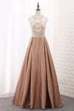 2024 A Line Scoop Satin Prom Dresses With Beads PNHXJ96T