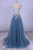 Beautiful Appliques V-Neck Tulle Beads Cap Sleeve Scoop A-line Long Evening Dresses